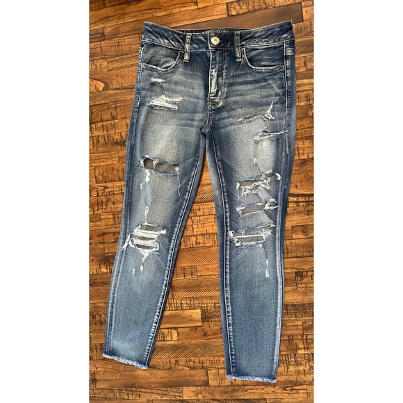 American Eagle Outfitters Denim - American Eagle Rip Jegging Crop Distressed Frayed Hem Super Stretch Denim Size 4